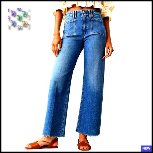 Denim - High Waisted Cropped Jeans Stretchy Baggy Straight Leg Raw Hem Denim Pants